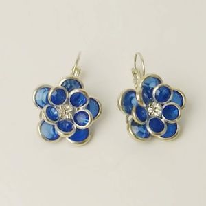 Floral Blue Silver Earrings Rose Clip-on